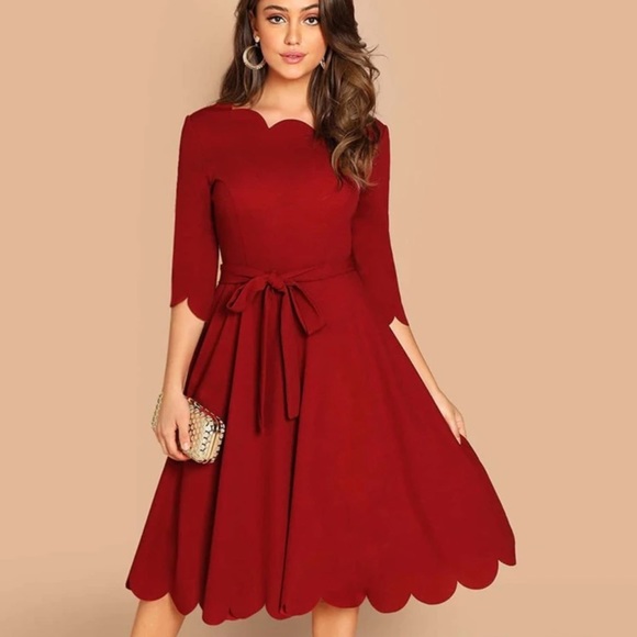 Scalloped midi dress quarter long sleeve belted - Picture 7 of 8